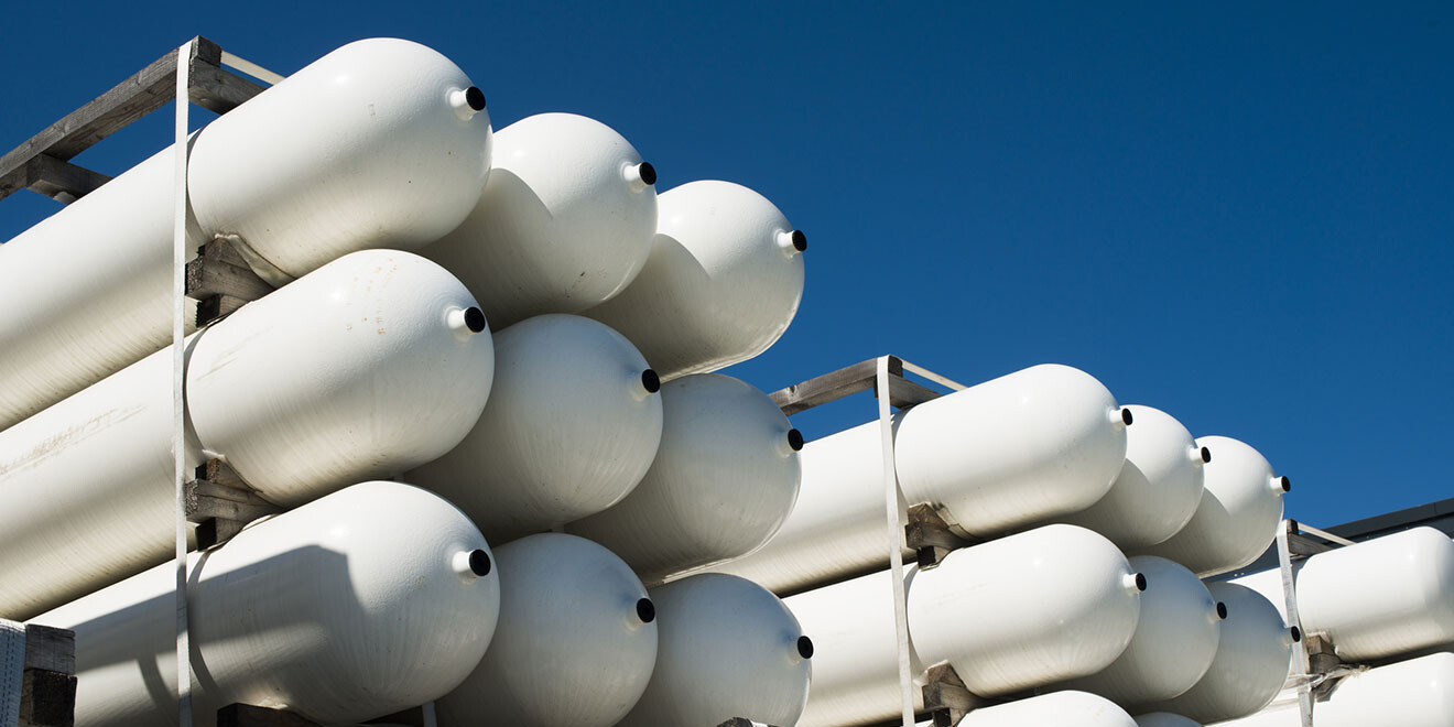 Gas cylinders stacked for the pharmaceutical sector